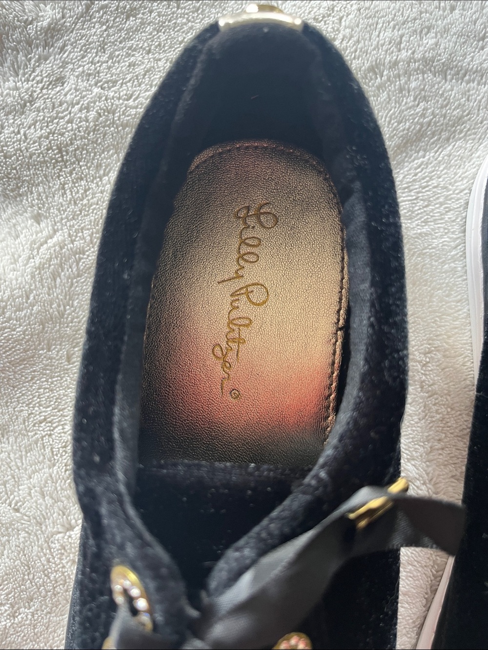 Lilly Pulitzer Black Velvet Ribbon Lace Sneakers with Gold Eyelets, 7.5 - Picture 3 of 6